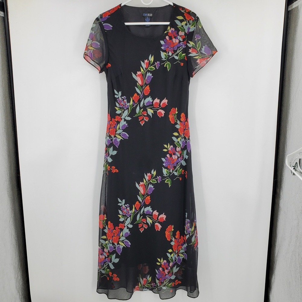 Eva Blue 14 Black Dark Floral Beaded Sheer Overlay Maxi Dress Short Sleeve Fairy